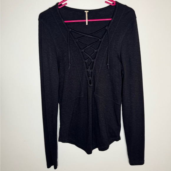 Free People Black Lace-Up Blouse - Picture 1 of 6